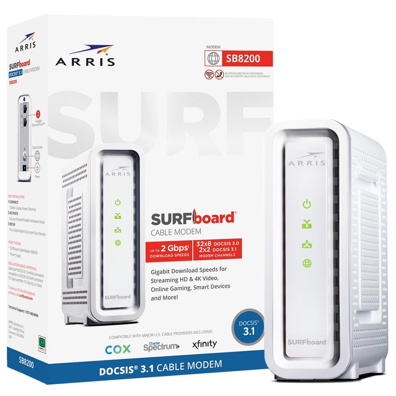 ARRIS SURFboard SB8200 DOCSIS 3.1 Multiâ€‘Gig Cable Modem | 2 -1Gbps Ethernet Ports | Works with Xfinity, Cox, Spectrum | For Cable Internet Plans up to 2Gbps | Modem Only, Router Required - Image 1